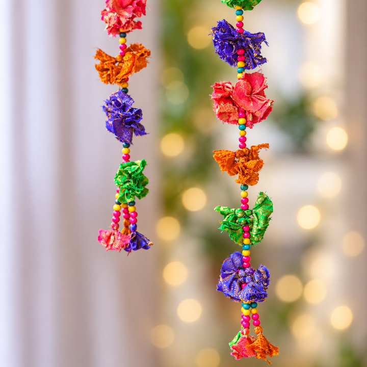 2 Pc |  Upcycled Multicolour Chindi Fabric Phool Door Hangings With Wooden Beads