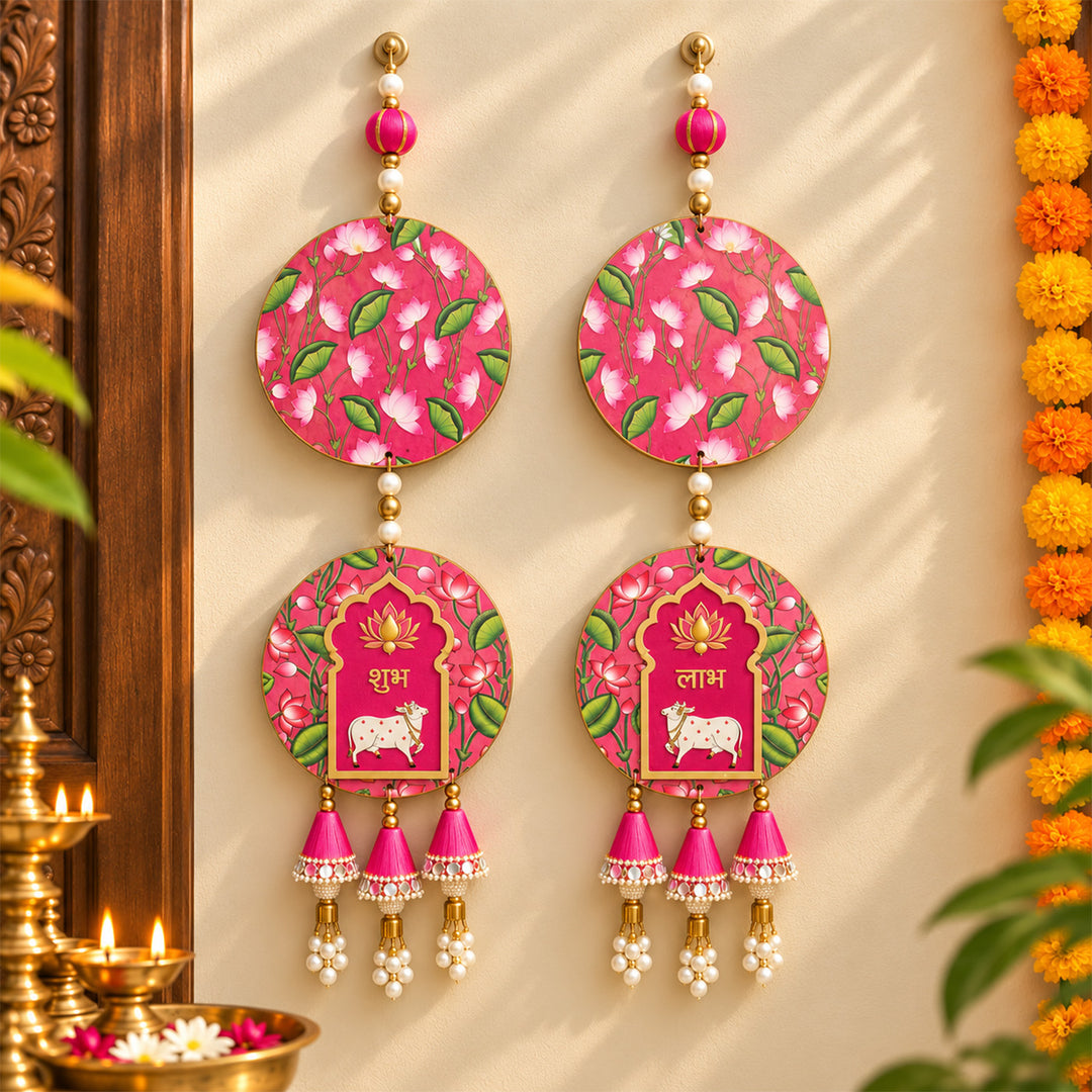 2 Pc | Handmade Pink Pichwai Shubh Labh MDF Hangings With Gota Patti & Pearl for Diwali