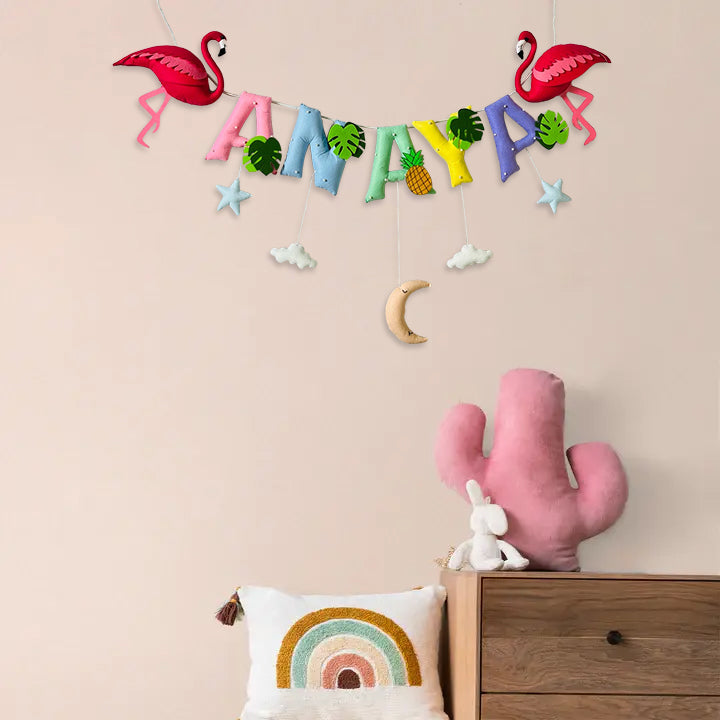 Handcrafted Personalized Flamingo Themed Bunting For Kids - Hanging Banner Decoration Front View