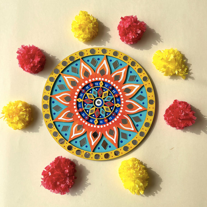 Hand-Painted Orange & Blue Floral Mdf Rangoli For Festive Decor