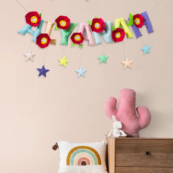 Handcrafted Personalized Floral Themed Bunting For Kids - Hanging Name Garland on Wall