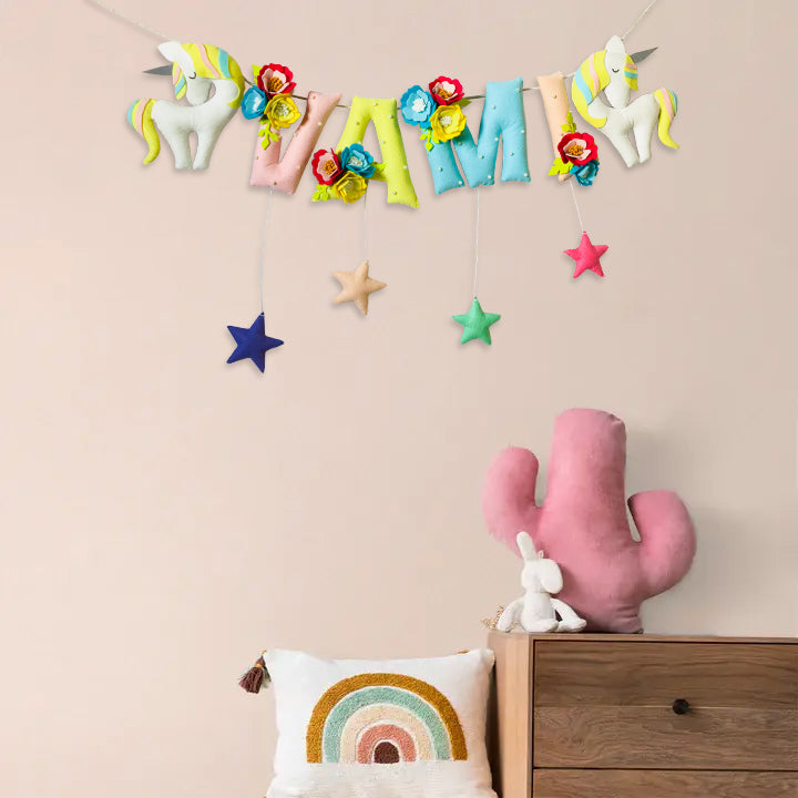 Handcrafted Personalized Floral Unicorn Themed Bunting For Kids - Hanging Decorative Name Banner Display