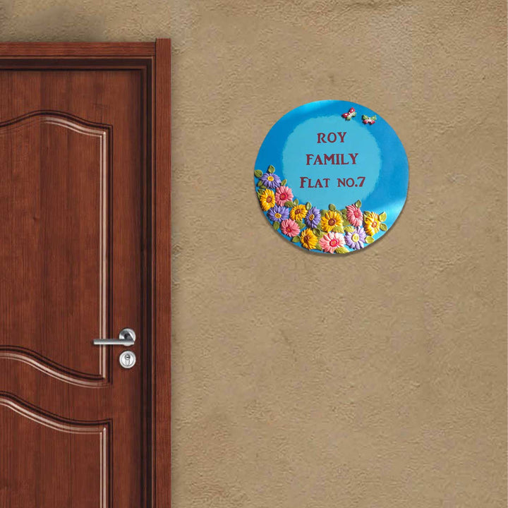 Personalized Handmade Floral Round Mdf Wood Name Plate - Mounted on Entryway Wall