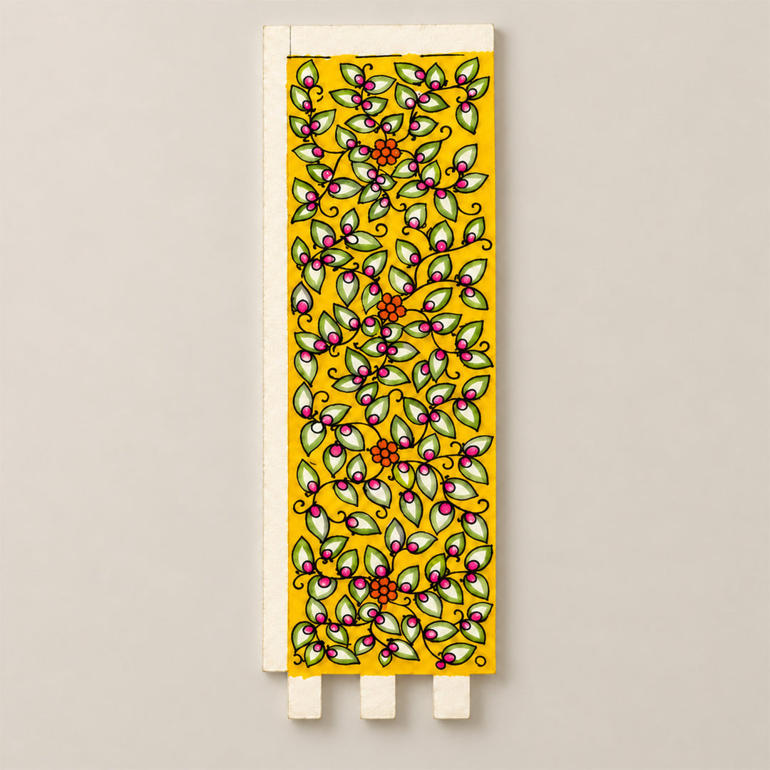 Hand-Painted Yellow Madhubani-Inspired Foliage Parchment Leather Votive Tealight Holder With Channapatna Base