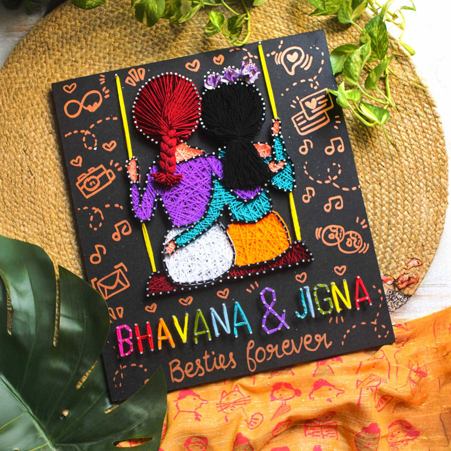 Personalized String Art Friends On Swing Mdf Wood Name Plate - Flat Lay Showing Full Design