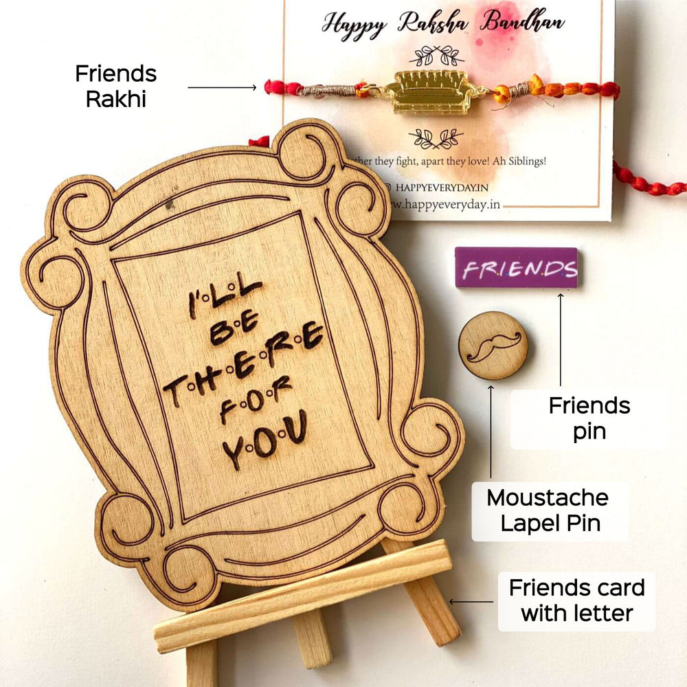 Friends Themed Rakhi Gift Hamper With Roli Chawal - Labeled Friends Rakhi Gift Set Components