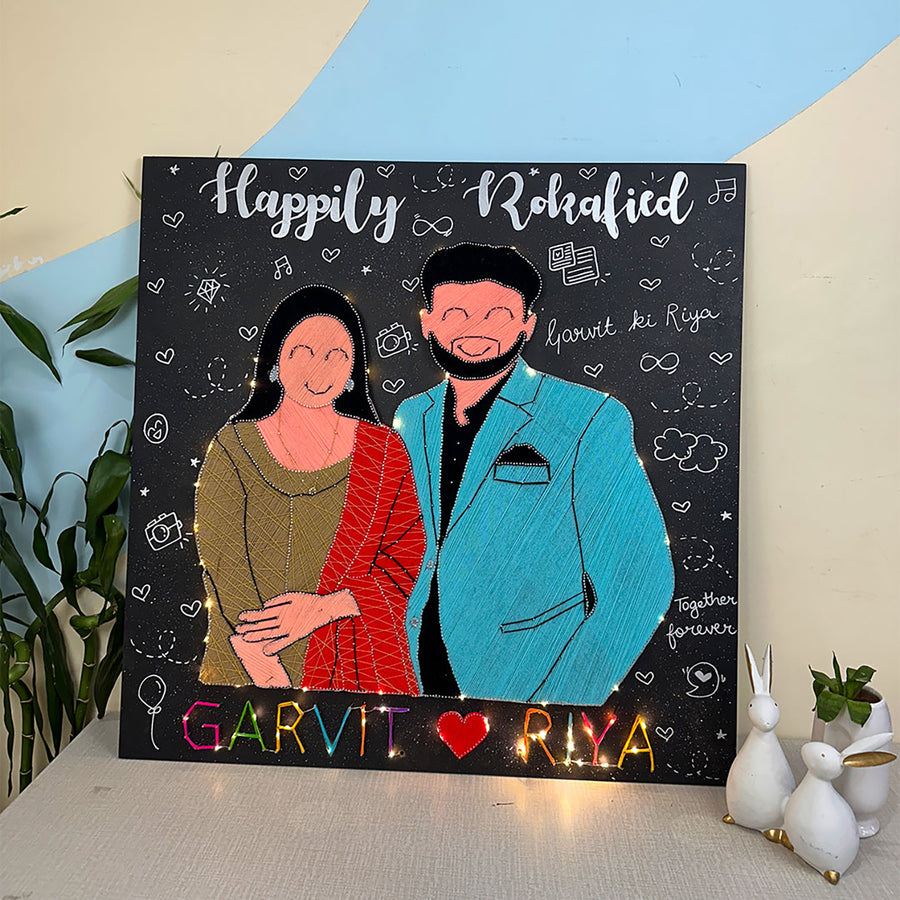 Personalized String Art From Pixels To Strings Mdf Wood Name Plate For Couples - Front View with Lighted Names