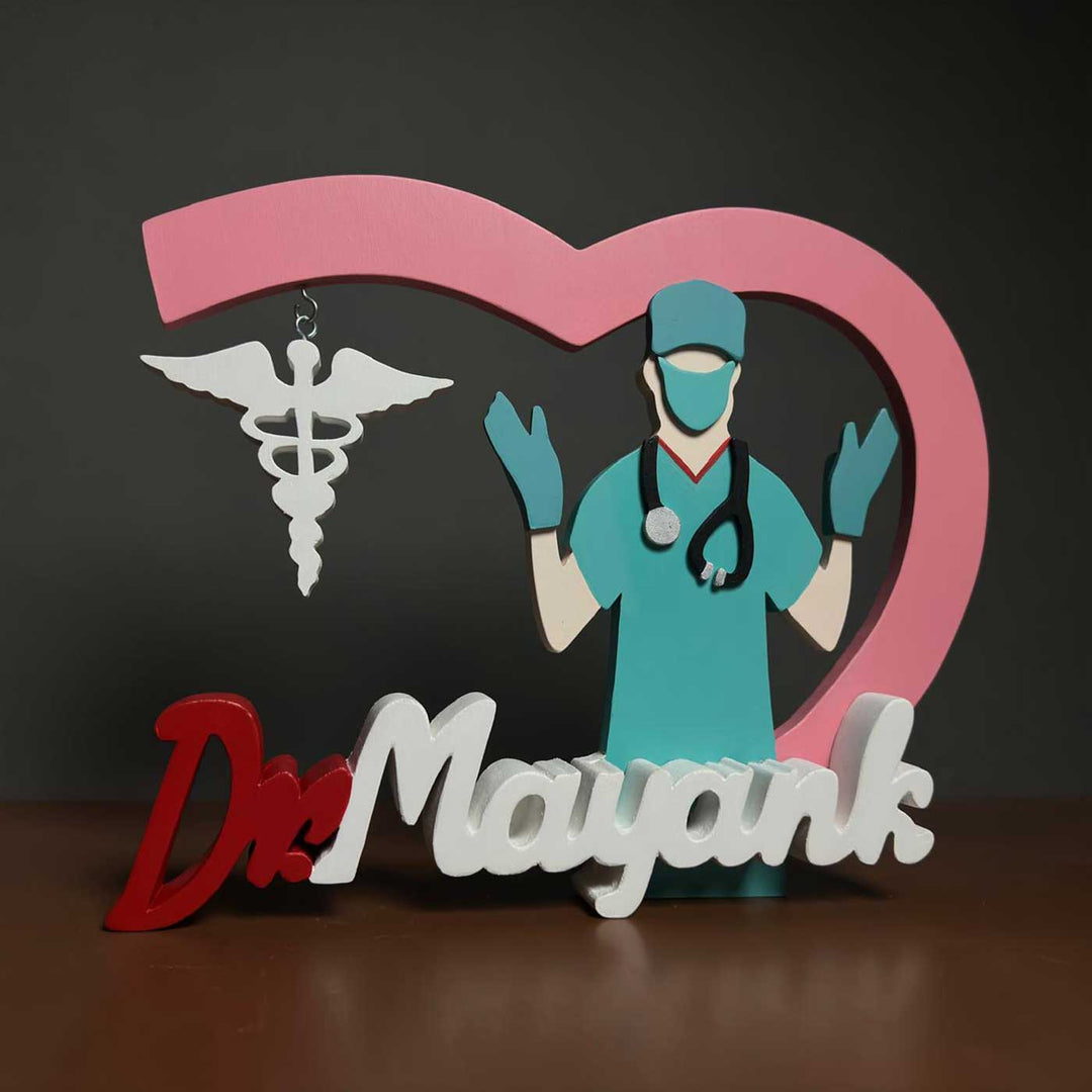 Personalized Red And White General Physician Mdf Wood Desk Name Plate - Front View on Tabletop Display