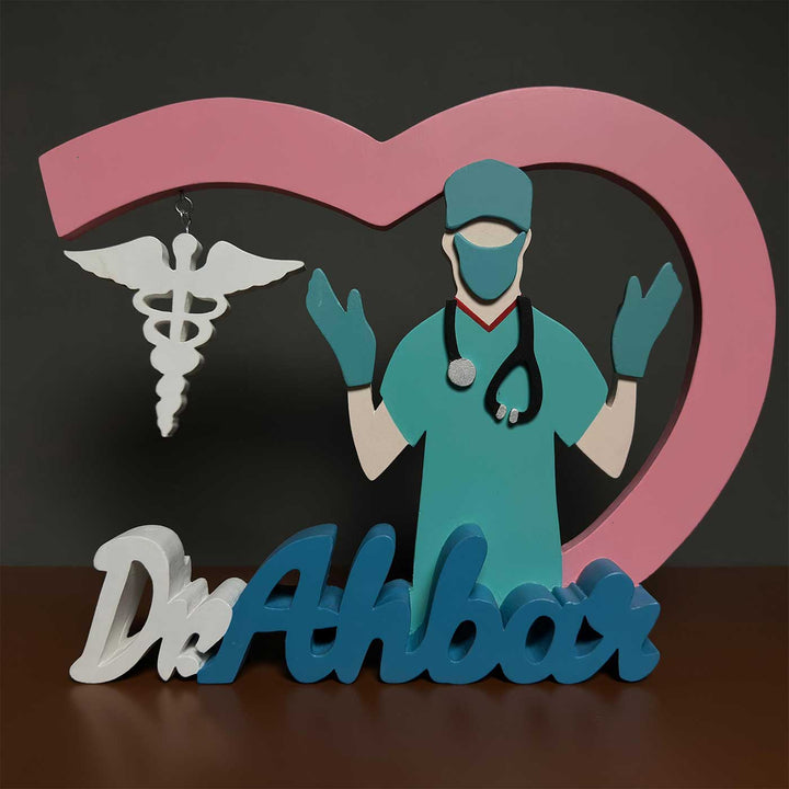 Personalized Blue And White General Physician Mdf Wood Desk Name Plate - Front View with Name Personalization