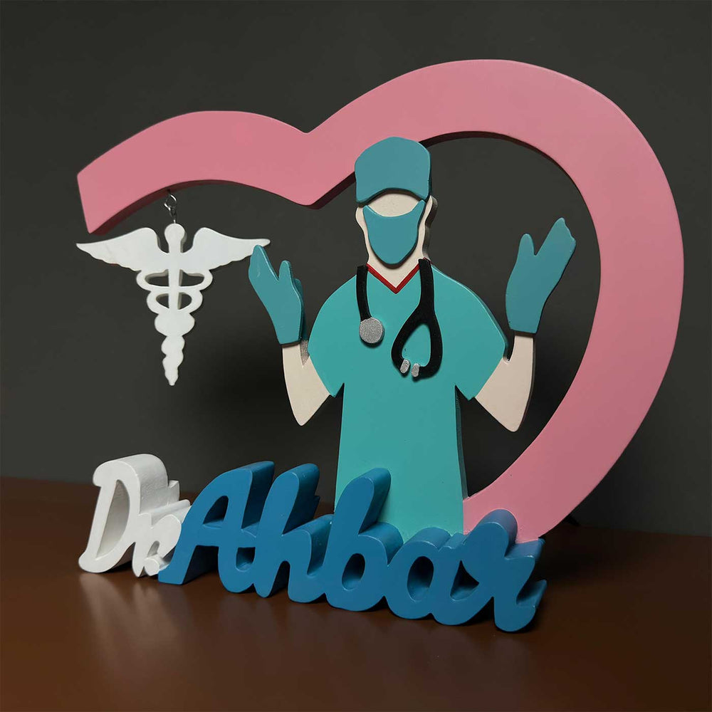 Personalized Blue And White General Physician Mdf Wood Desk Name Plate - Front View on Surface Display