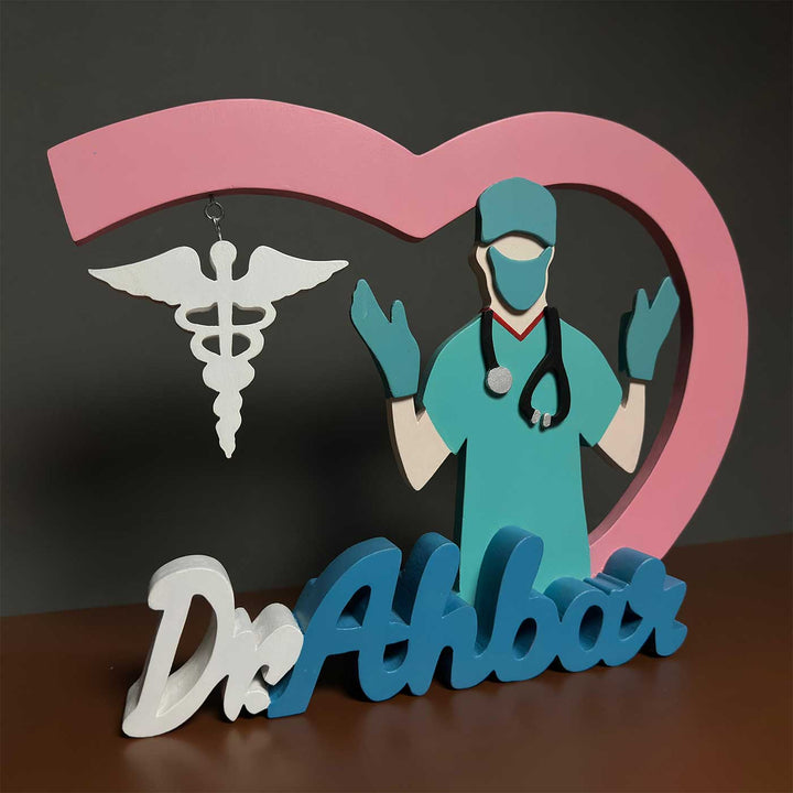Personalized Blue And White General Physician Mdf Wood Desk Name Plate - Front View on Flat Surface