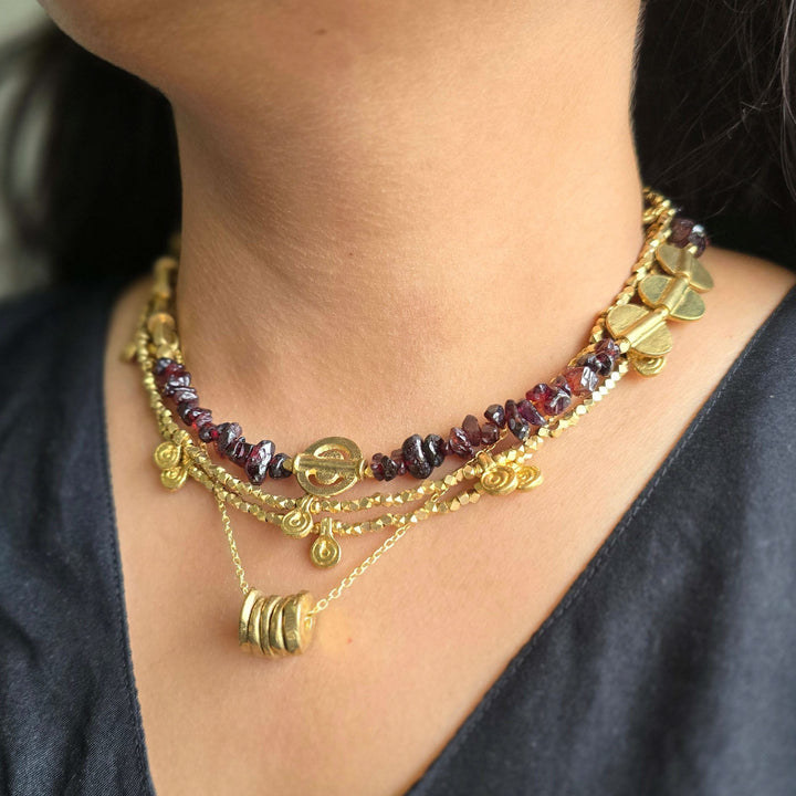 Handmade Garnet Layered Brass Short Necklace