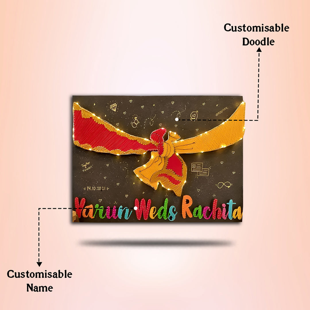 Personalized String Art Gathbandhan Mdf Wood Name Plate For Couples - Front View with Customization Labels