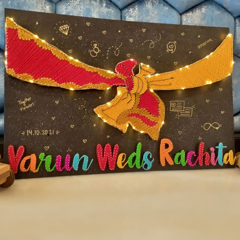 Personalized String Art Gathbandhan Mdf Wood Name Plate For Couples - Front View with Light Decoration