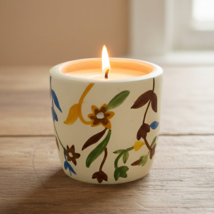 Hand-Painted Multicolor Floral Terracotta Candle Holder With Candle