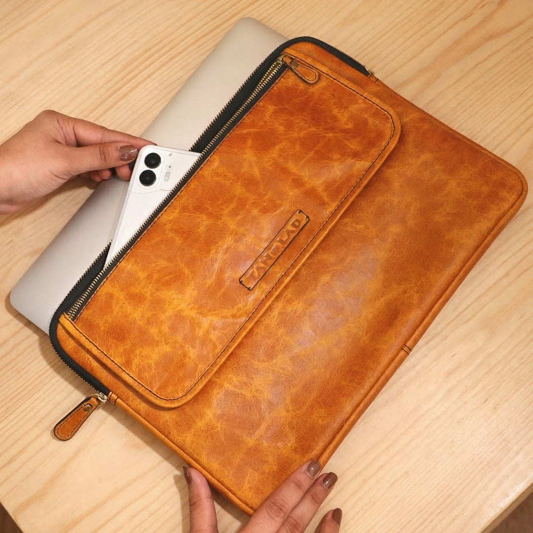 Personalized Mustard Yellow Robert Jr. Leather Laptop Sleeve