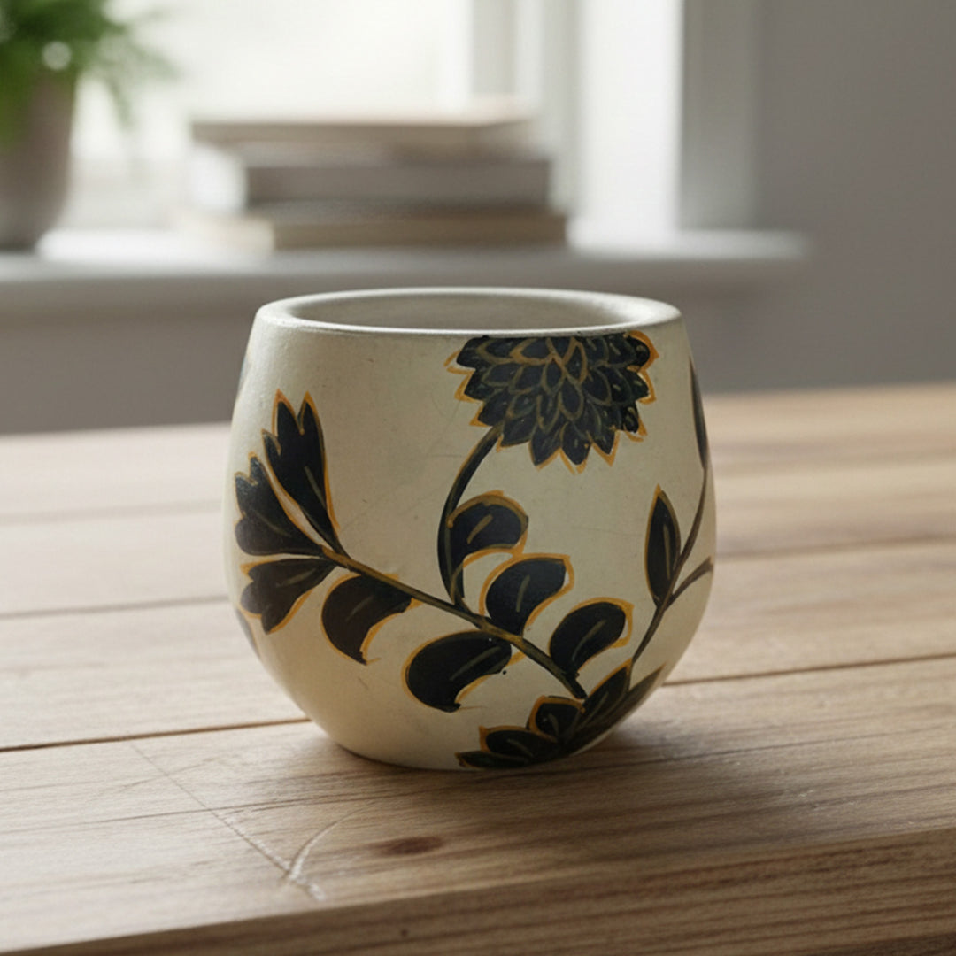 Hand-Painted Black Floral Terracotta Candle Holder With Candle