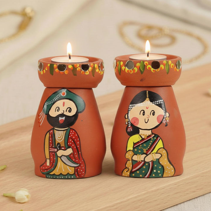 2 Pc | North Indian Couple Handpainted Terracotta Tealight Holders
