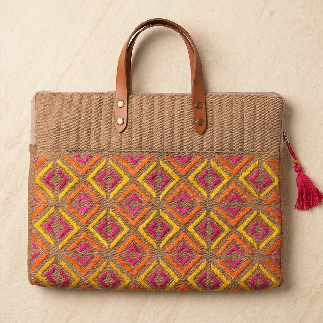 Handcrafted Brown Denim Phulkari Swaran Laptop Bag