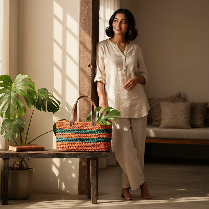Handmade Grass Woven Double Striped Sabai Mesh Handbag