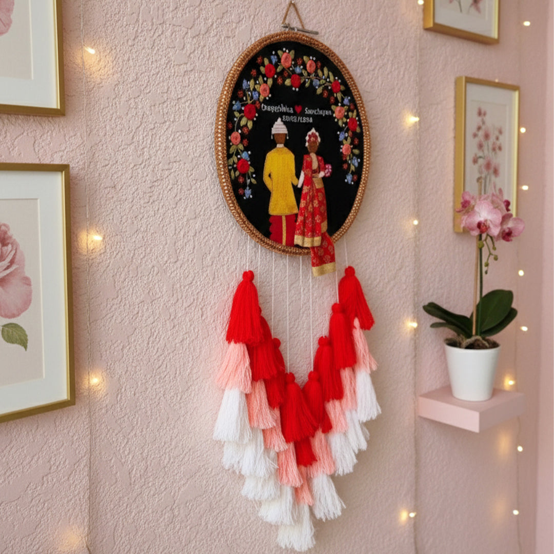 Personalized Embroidered Floral Bengali Couple Wedding Plaque With Tassels
