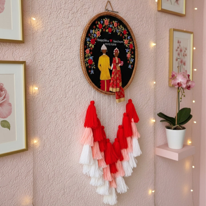 Personalized Embroidered Floral Bengali Couple Wedding Plaque With Tassels