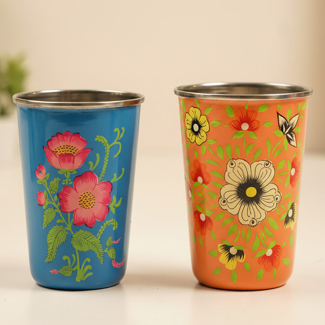 2Pc | Hand-Painted Orange & Blue Floral Kashmiri Art Stainless Steel Large Glasses