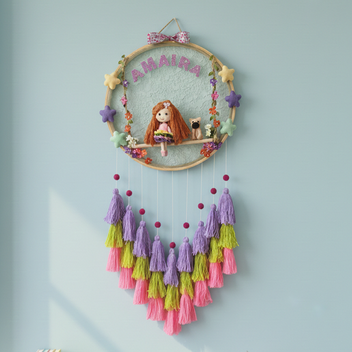 Personalized Girl & Puppy Theme Kids Name Plate With Tassels