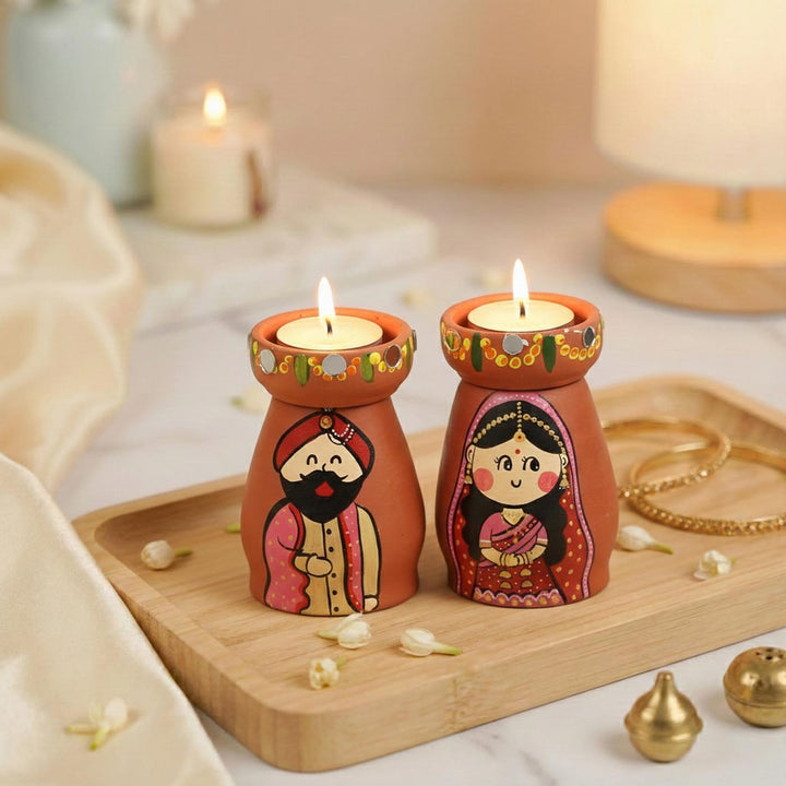 2 Pc | Marathi Couple Handpainted Terracotta Tealight Holders