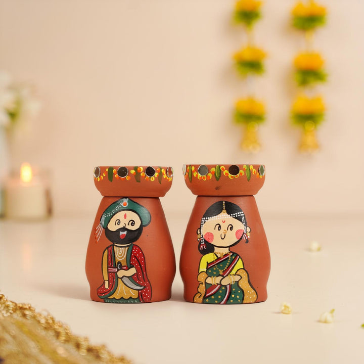 2 Pc | North Indian Couple Handpainted Terracotta Tealight Holders