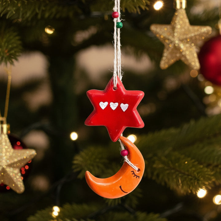 Handmade Moon & Star Ceramic Ornament For Christmas Tree Decoration