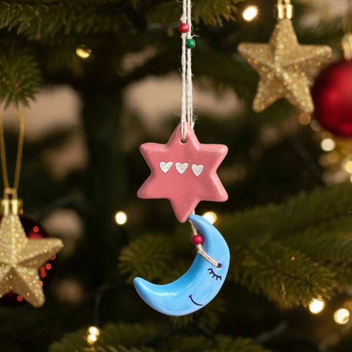 Handmade Moon & Star Ceramic Ornament For Christmas Tree Decoration