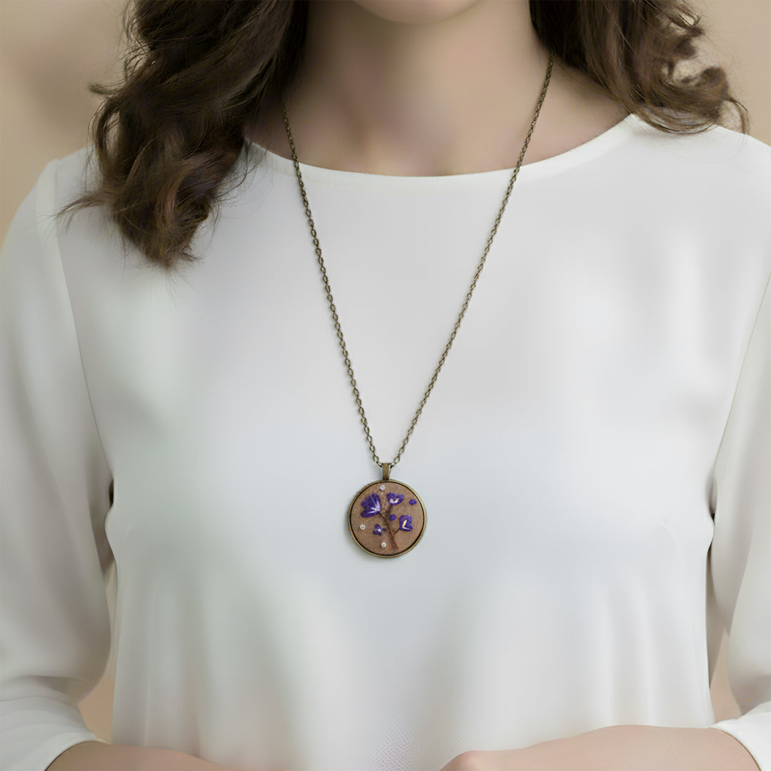 Hand Embroidered Rustic Iris Antique Finish Necklace
