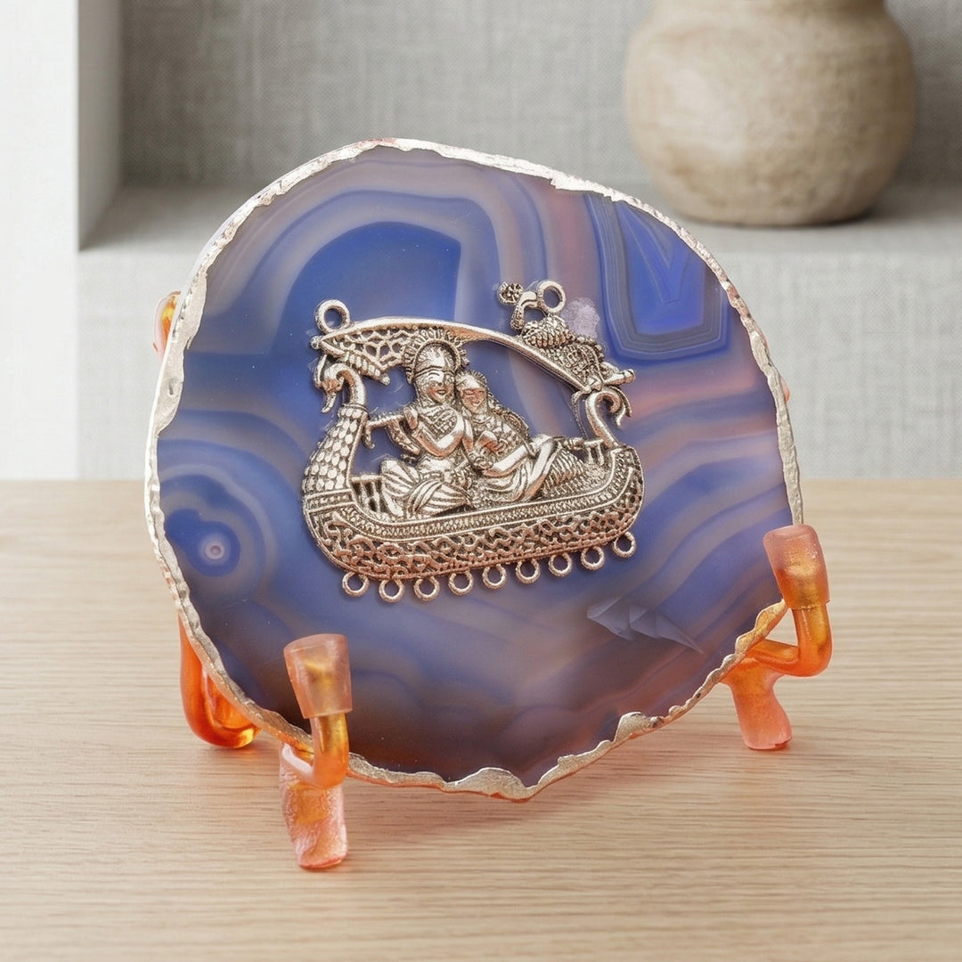 Blue Agate Silver Plated Radhakrishna Showpiece With Metal Stand