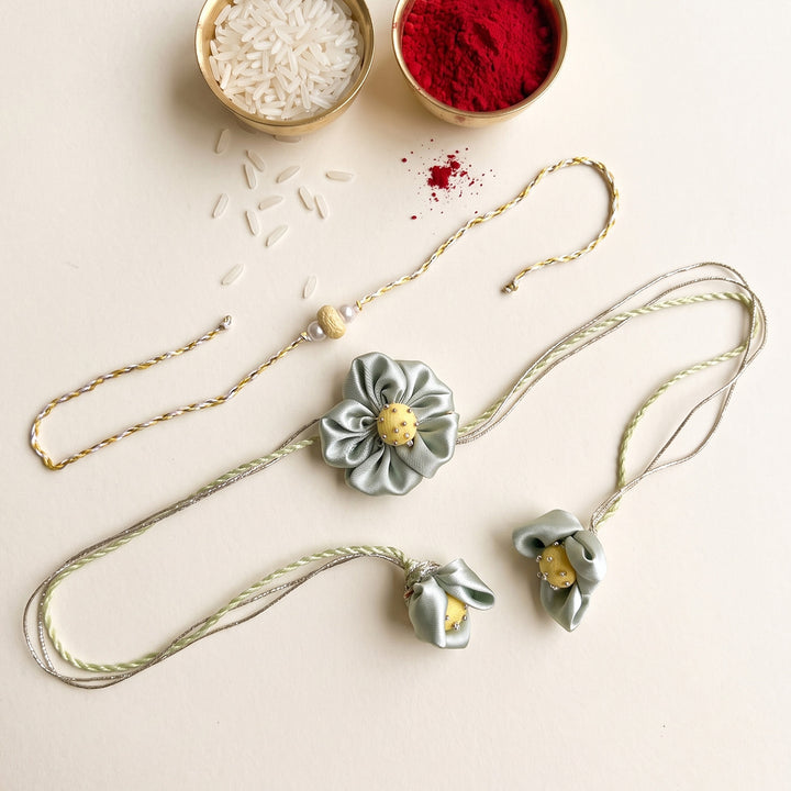 Handmade Daisy Phool Floral Pearl Couple Rakhi Lumba Set With Roli Chawal For Bhaiya Bhabhi