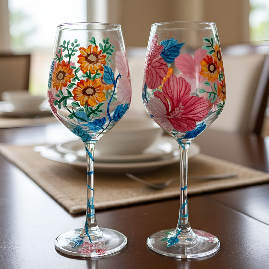 Hand-Painted Pink Hibiscuses Wine Glass