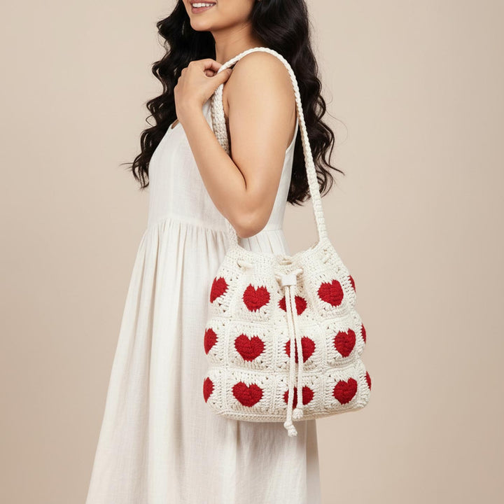 Handmade Crochet Heart Design Cotton Handbag