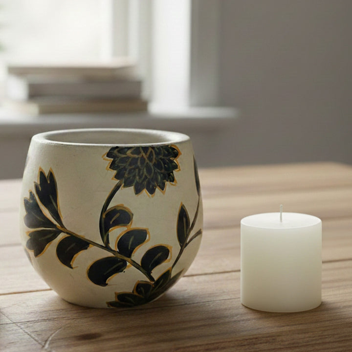Hand-Painted Black Floral Terracotta Candle Holder With Candle