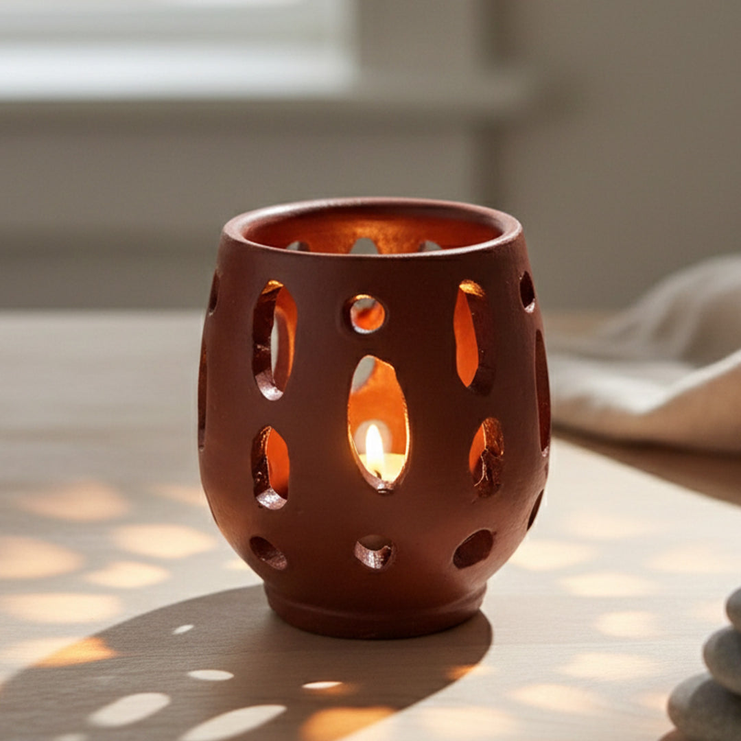 Natural Brown Terracotta Tealight Holder With Candle