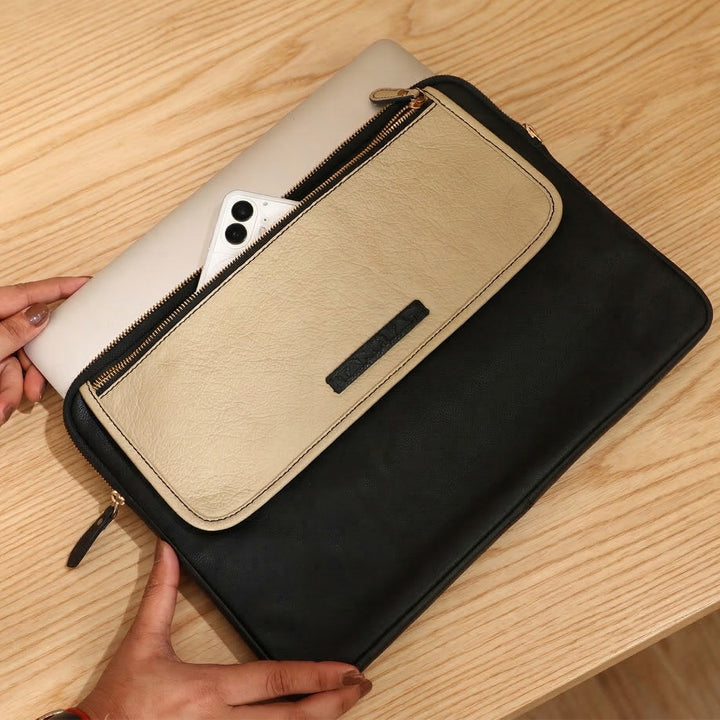 Personalized Black & Cream Robert Jr. Leather Laptop Sleeve