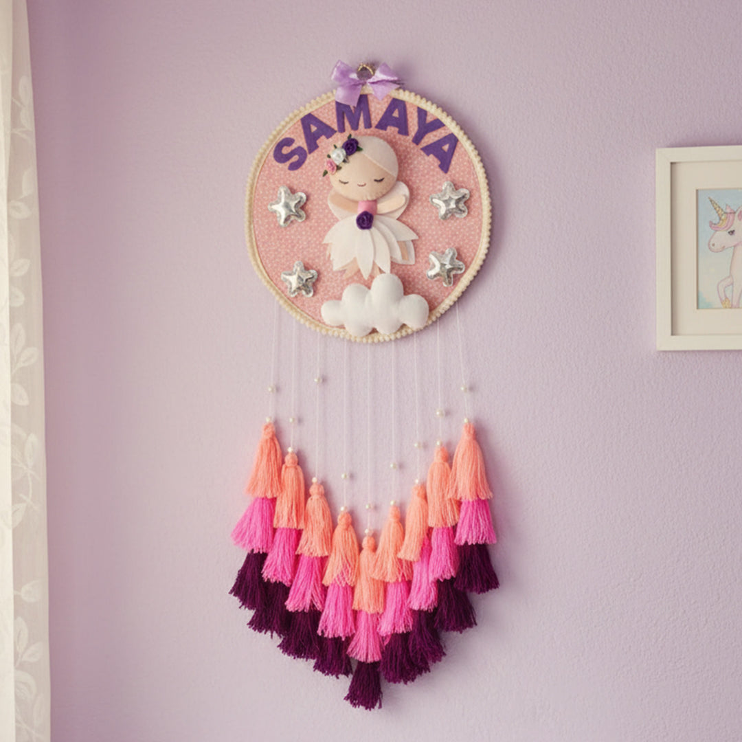 Personalized White Fairy Theme Kids Name Plate With Tassels