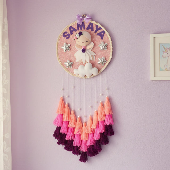 Personalized White Fairy Theme Kids Name Plate With Tassels