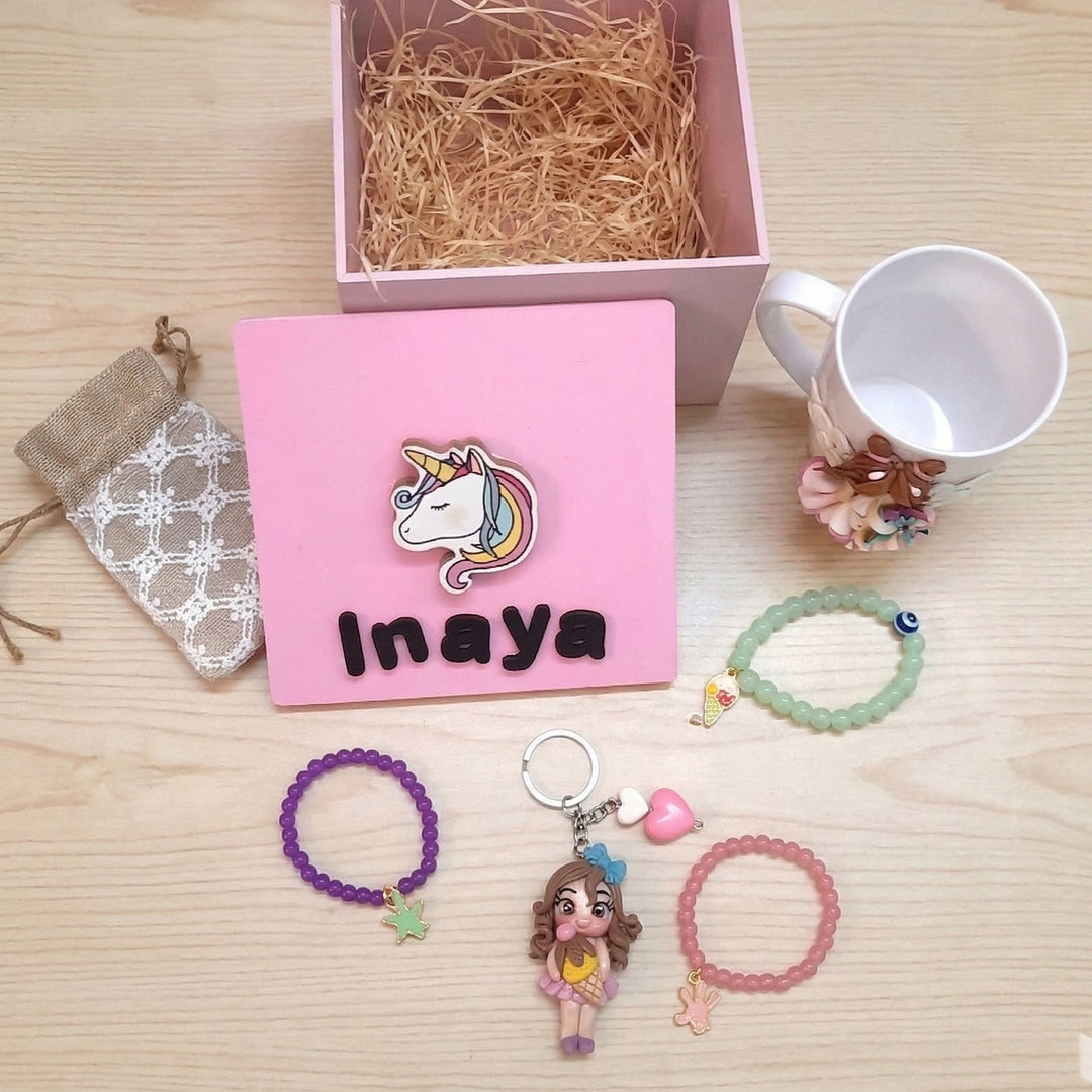 Unicorn Personalized Handmade Hamper | Includes 1 Box, 1 Mug, 1 Keychain, 1 Bracelet & 1 Potli