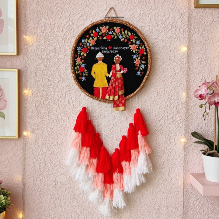 Personalized Embroidered Floral Bengali Couple Wedding Plaque With Tassels