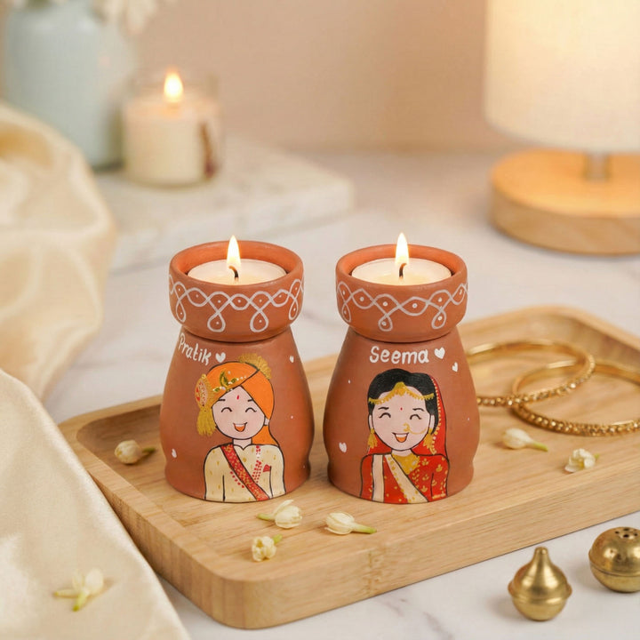 2 Pc | Marathi Couple Personalized Handpainted Terracotta Tealight Holder