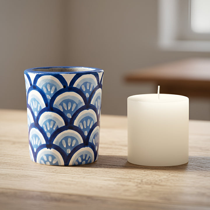 Hand-Painted Blue Indigo Terracotta Candle Holder With Candle