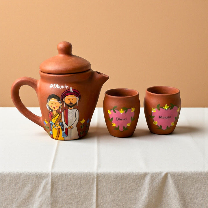 Gujarathi Couple Photo Personalized Handpainted Terracotta Kettle With Two Kulhads Set