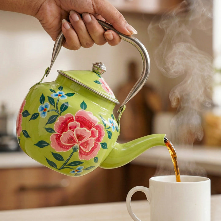 Hand-Painted Pastel Green Floral Kashmiri Art Stainless Steel Teapot