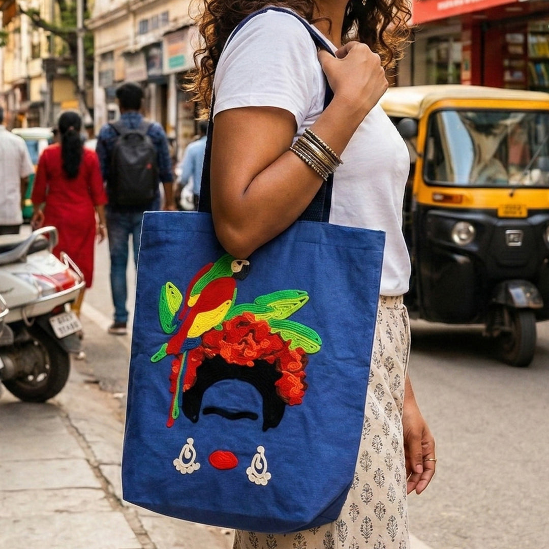 Hand-Embroidered Dori Work Frida Kahlo Tote Bag