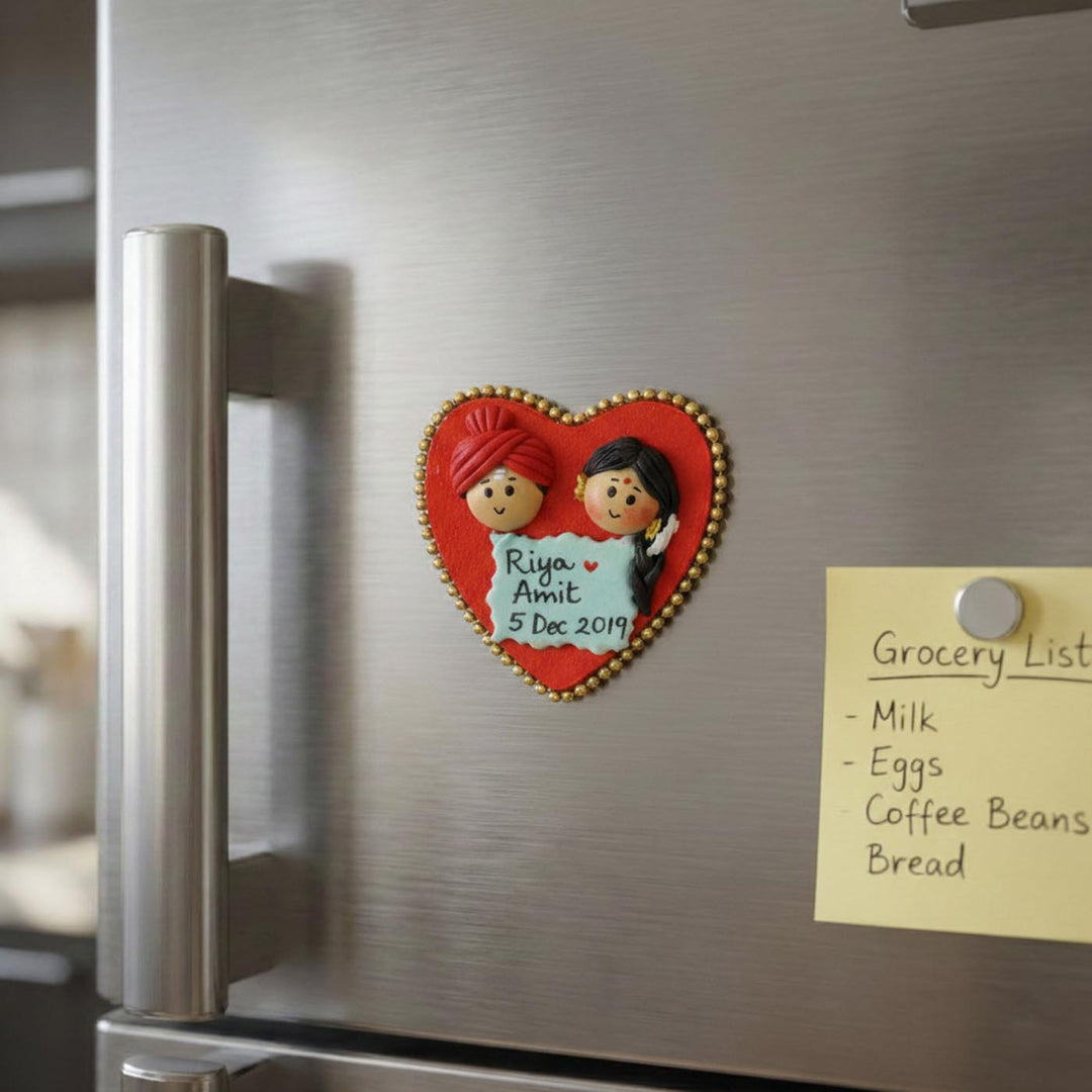 Marathi Couple Handmade Personalized Polymer Clay Heart Fridge Magents